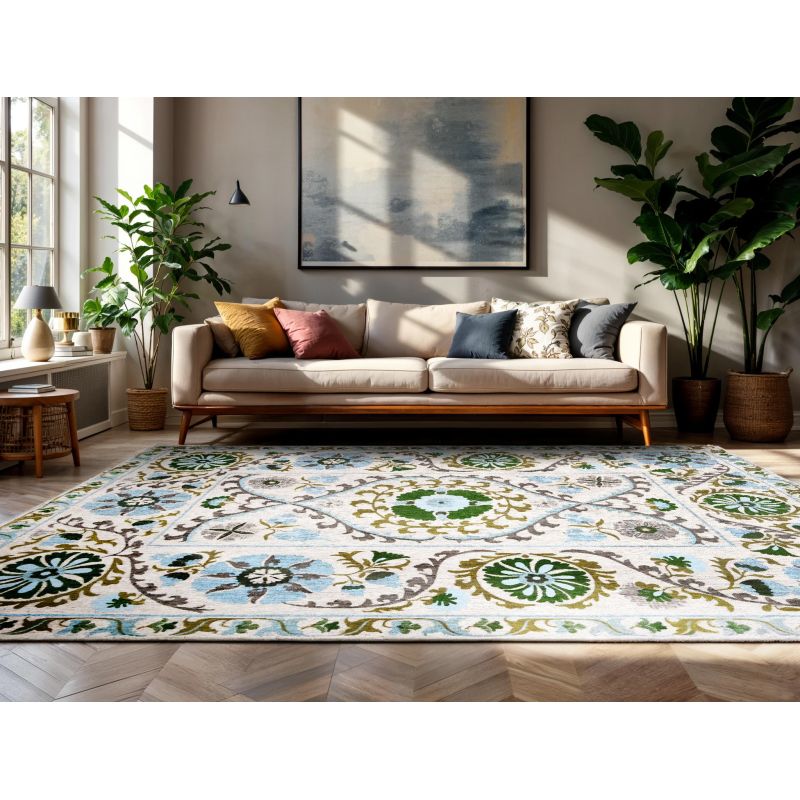 Tapis de salon Suzani Slavia multi blanc ambiance