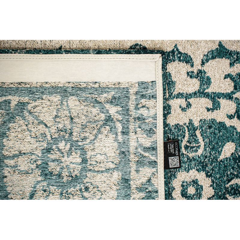 Tapis de salon Suzani Notos beige et bleu canard détail revetement