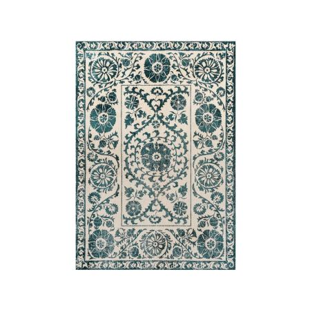 Tapis de salon Suzani Notos beige et bleu canard Tapis de salon Suzani Notos beige et bleu canard