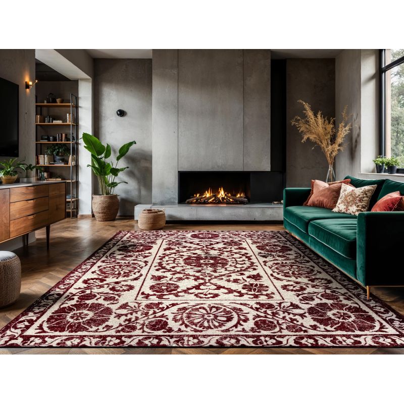 Tapis de salon Suzani Zephyr beige et bordeau ambiance
