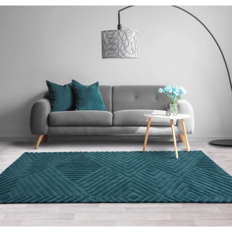 Tapis moderne motifs triangles en relief laine bleu canard Halifax