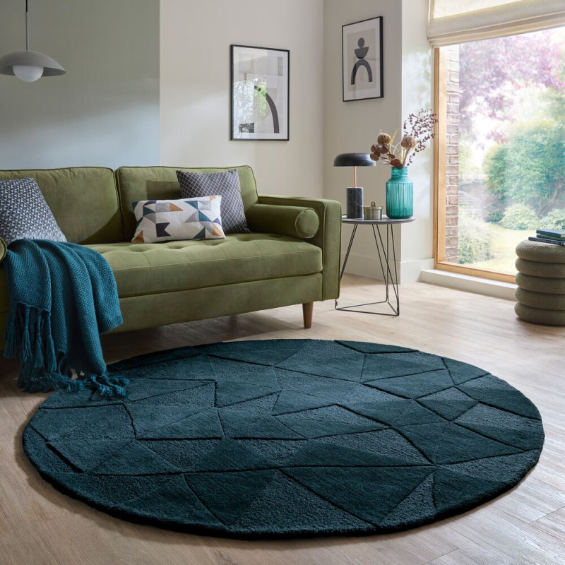Tapis rond en laine moderne bleu canard Shard ambiance