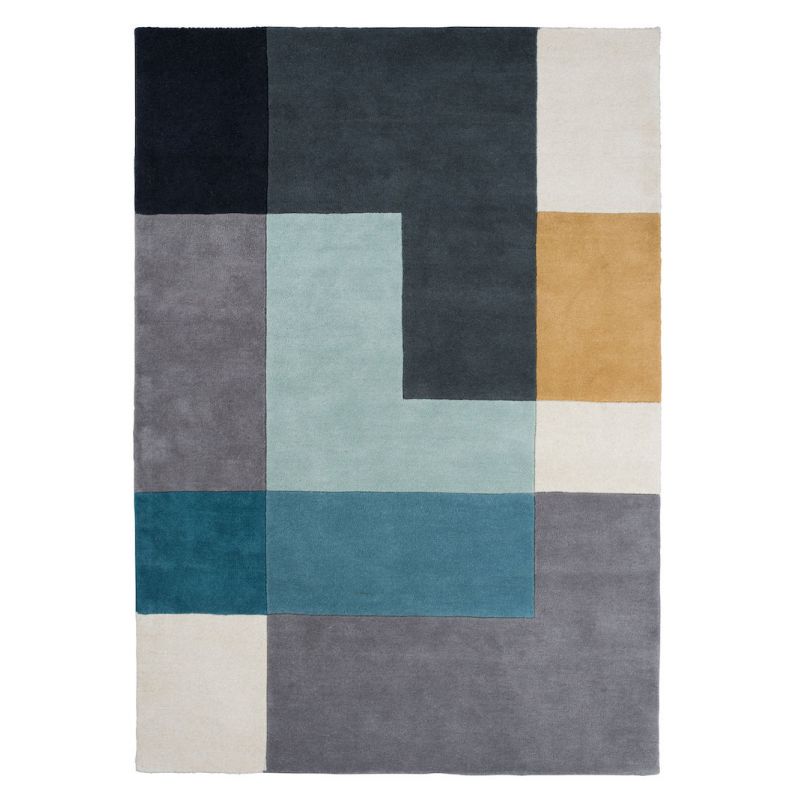 Tapis de salon design scandinave en laine tons bleus et moutarde Ometri Aqua motifs tetris