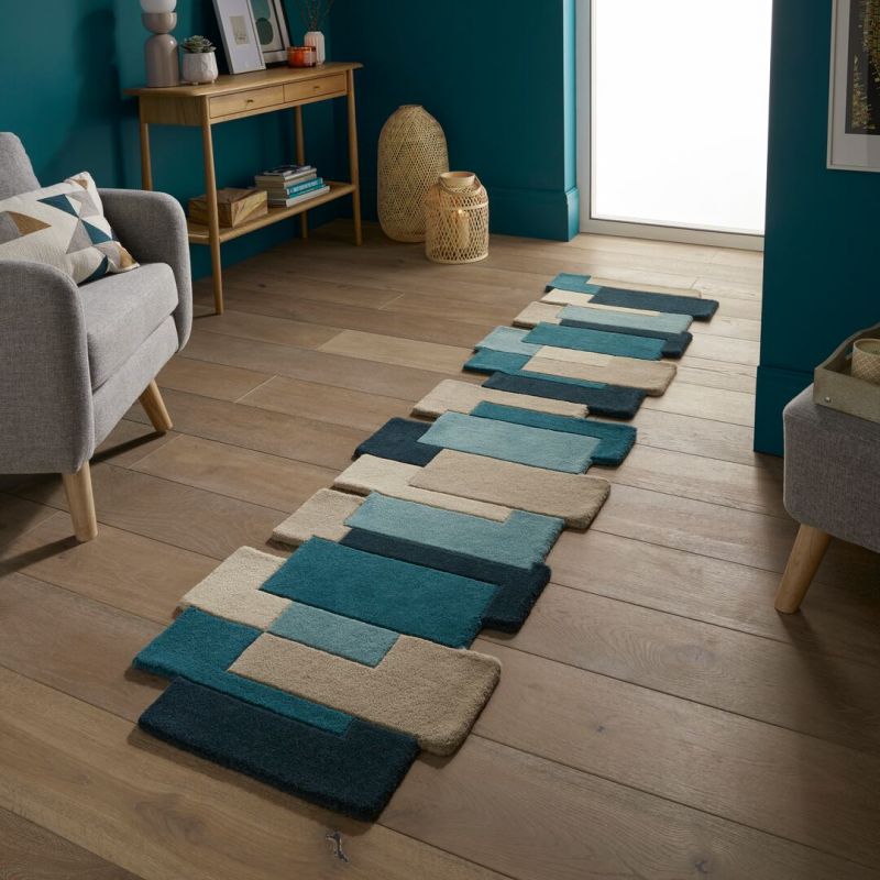 Tapis Design déstructuré 100% Laine Collage Bleu