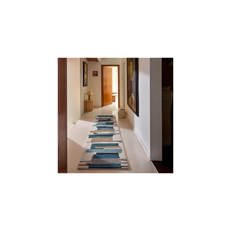 Tapis de couloir en laine formes géométriques Zeal Indigo