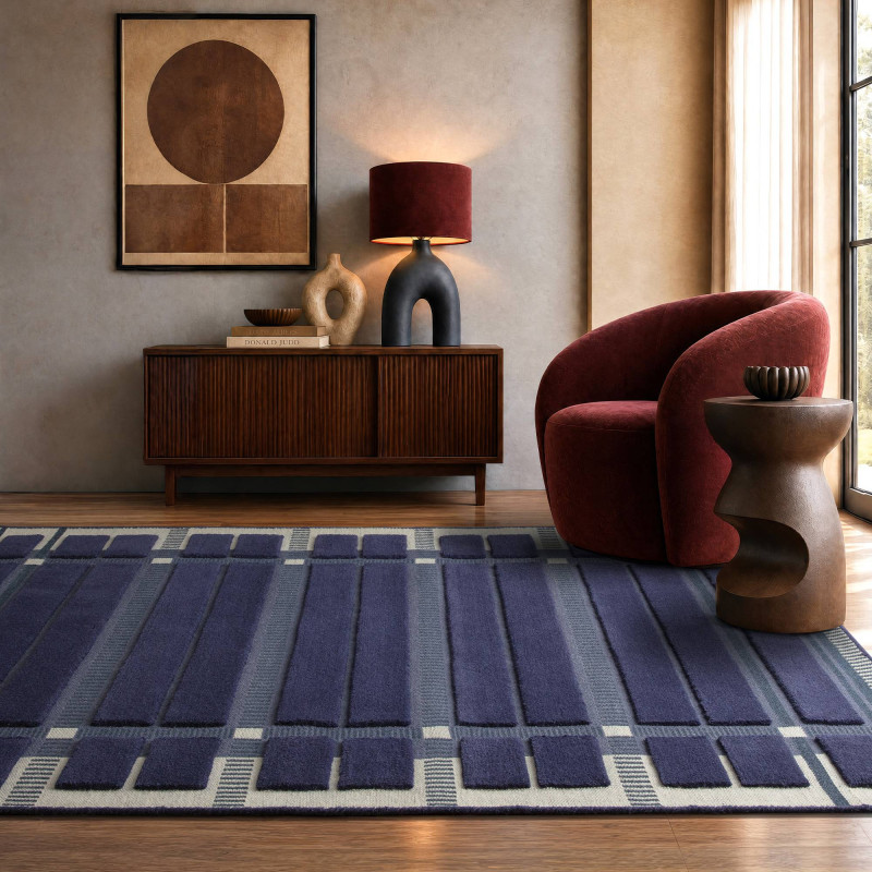 Tapis de salon tissé plat bleu marine Fable