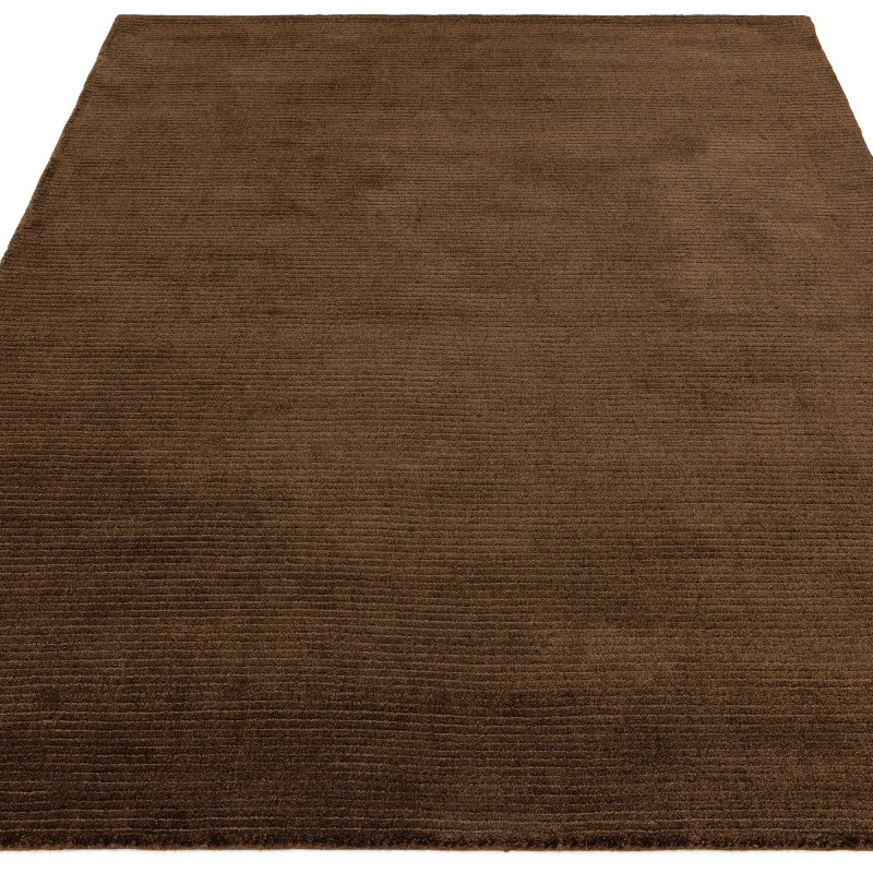 Tapis de salon tissé à la main en polyester recyclé marron chocolat Rowan