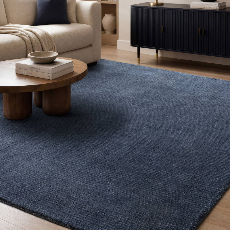 Tapis de salon tissé à la main en polyester bleu Rowan