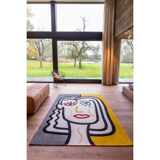 Tapis contemporain en coton jaune noir gris et blanc